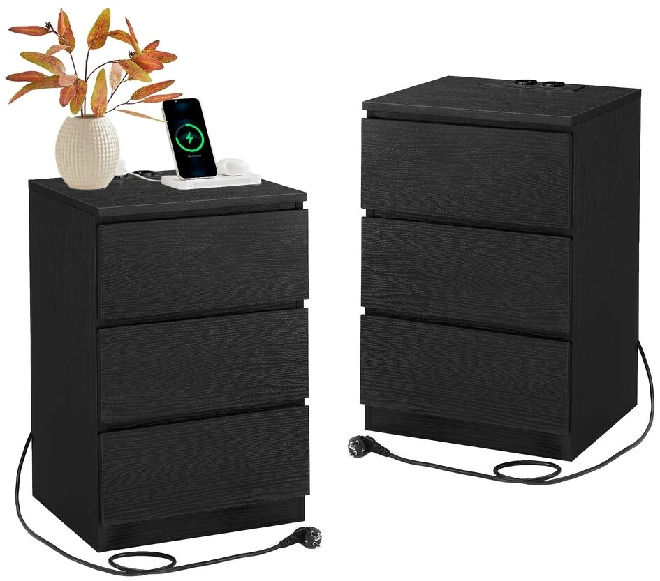 Songmics Naktinis staliukas 2 vnt. su 2 USB jungtimis, juodas