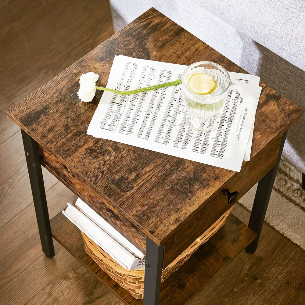 Songmics Vasagle Šoninis staliukas su stalčiumi pramoninės išvaizdos