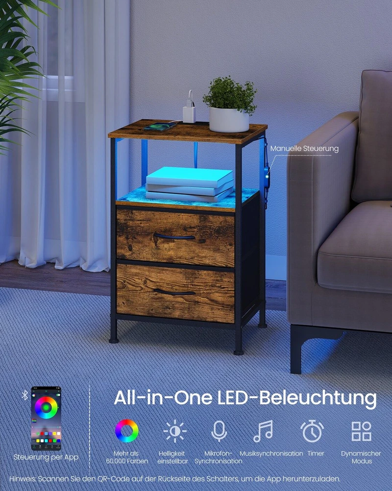 Songmics Naktinis staliukas su LED apšvietimu ir elektros lizdu, vintažinės rudos ir juodos spalvos, 39,6 × 30 × 60,4 cm