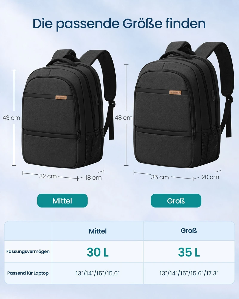 Songmics Nešiojamojo kompiuterio kuprinė 30 L, 15.6 colių kompiuteriui, su USB jungtimi ir 180° atidarymu, juoda