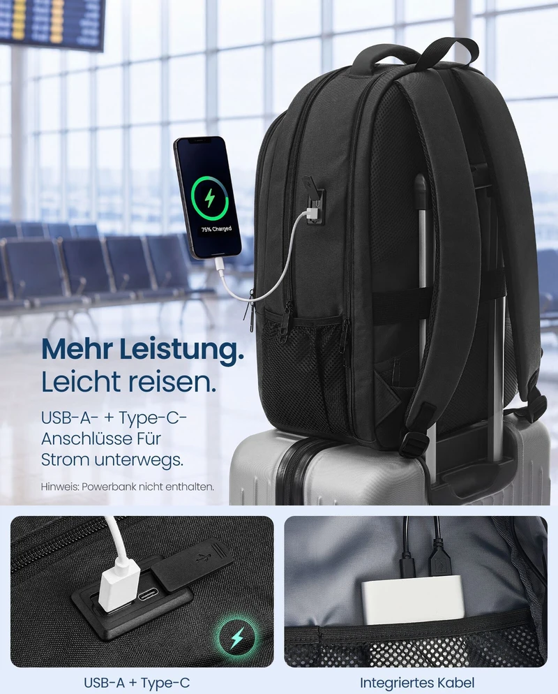 Songmics Nešiojamojo kompiuterio kuprinė 35 L, 17.3 colių kompiuteriui, su USB jungtimi ir 180° atidarymu, juoda