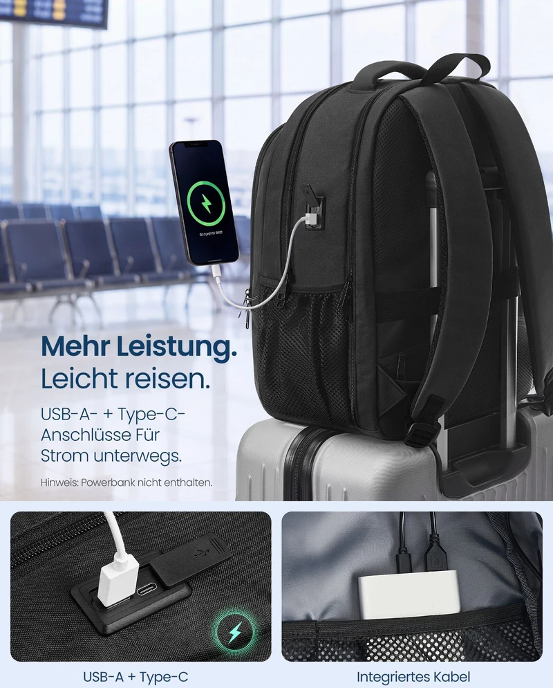 Songmics Nešiojamojo kompiuterio kuprinė 30 L, 15.6 colių kompiuteriui, su USB jungtimi ir 180° atidarymu, juoda