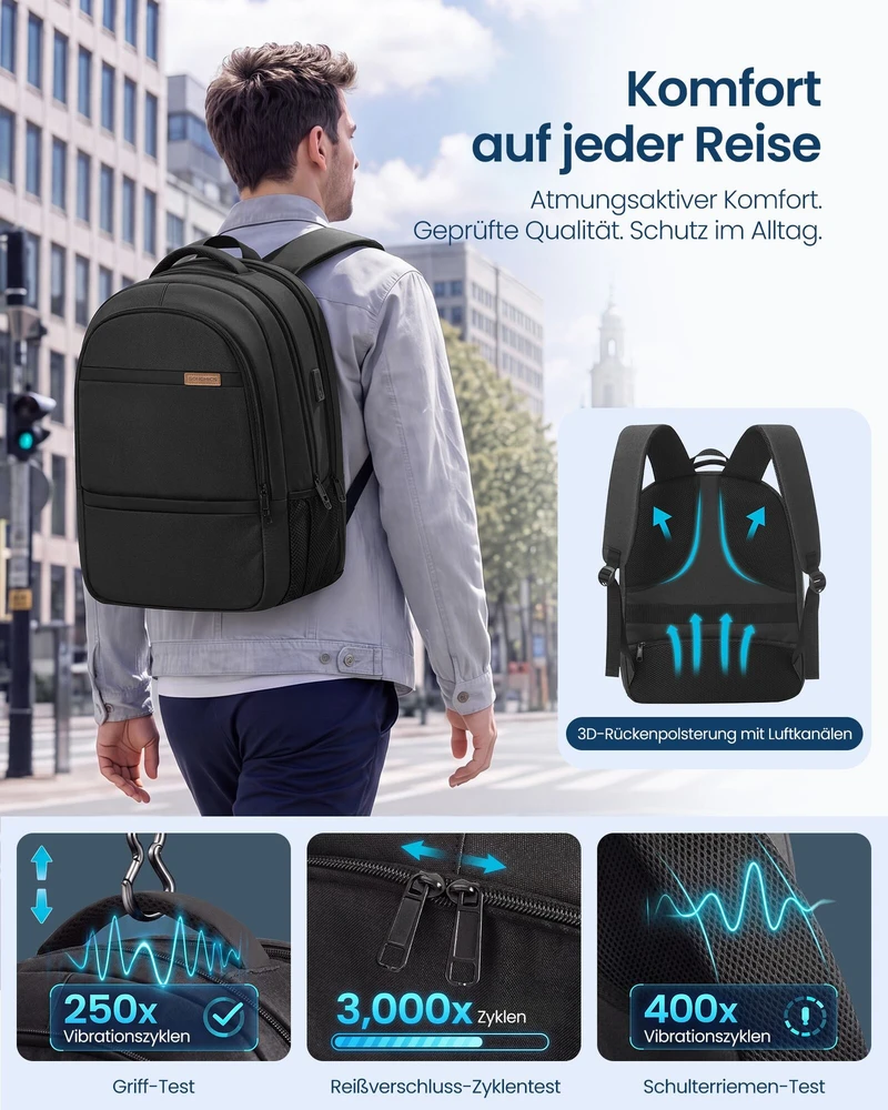 Songmics Nešiojamojo kompiuterio kuprinė 35 L, 17.3 colių kompiuteriui, su USB jungtimi ir 180° atidarymu, juoda