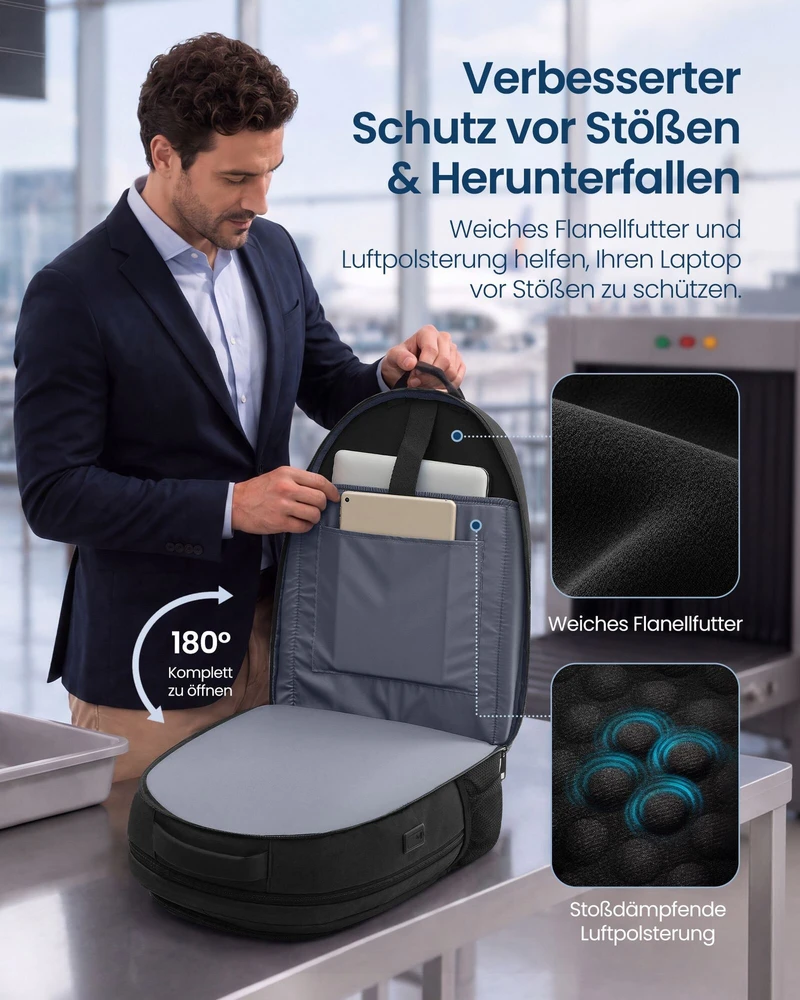 Songmics Nešiojamojo kompiuterio kuprinė 35 L, 17.3 colių kompiuteriui, su USB jungtimi ir 180° atidarymu, juoda