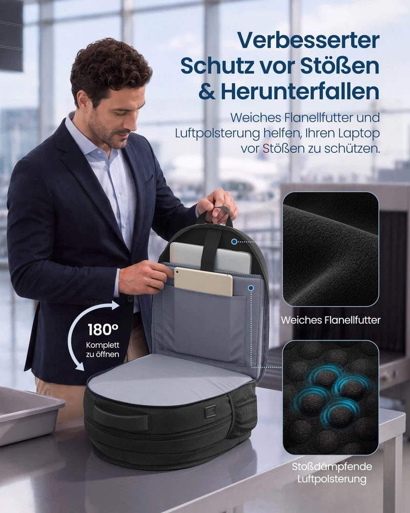 Songmics Nešiojamojo kompiuterio kuprinė 30 L, 15.6 colių kompiuteriui, su USB jungtimi ir 180° atidarymu, juoda