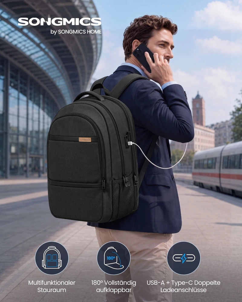 Songmics Nešiojamojo kompiuterio kuprinė 35 L, 17.3 colių kompiuteriui, su USB jungtimi ir 180° atidarymu, juoda