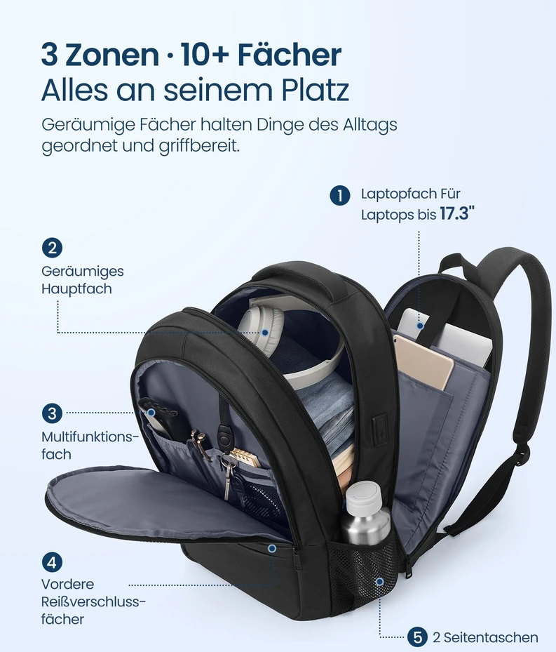 Songmics Nešiojamojo kompiuterio kuprinė 35 L, 17.3 colių kompiuteriui, su USB jungtimi ir 180° atidarymu, juoda