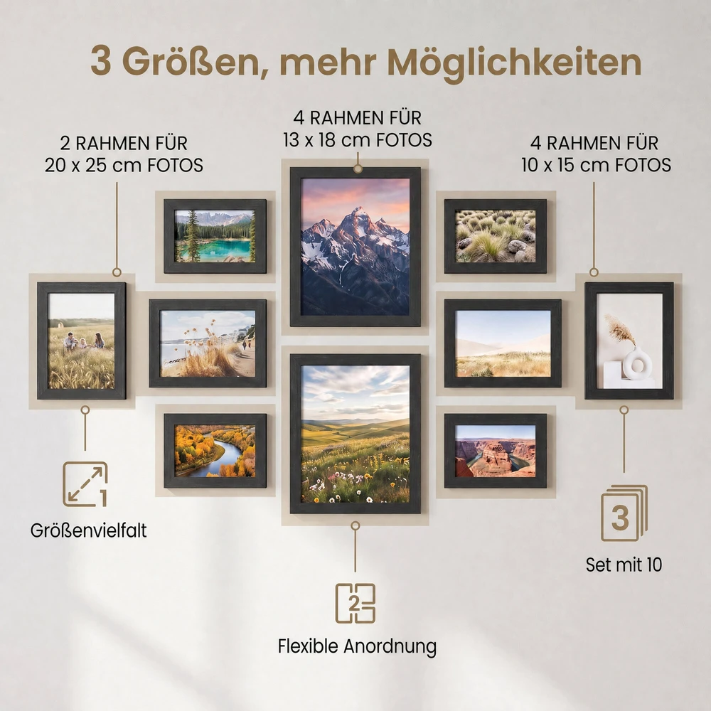 Nuotraukų rėmelis Songmics Nuotraukų rėmelių rinkinys, 10 dalių, 20x25 cm 13x18 cm 10x15 cm, Juodas