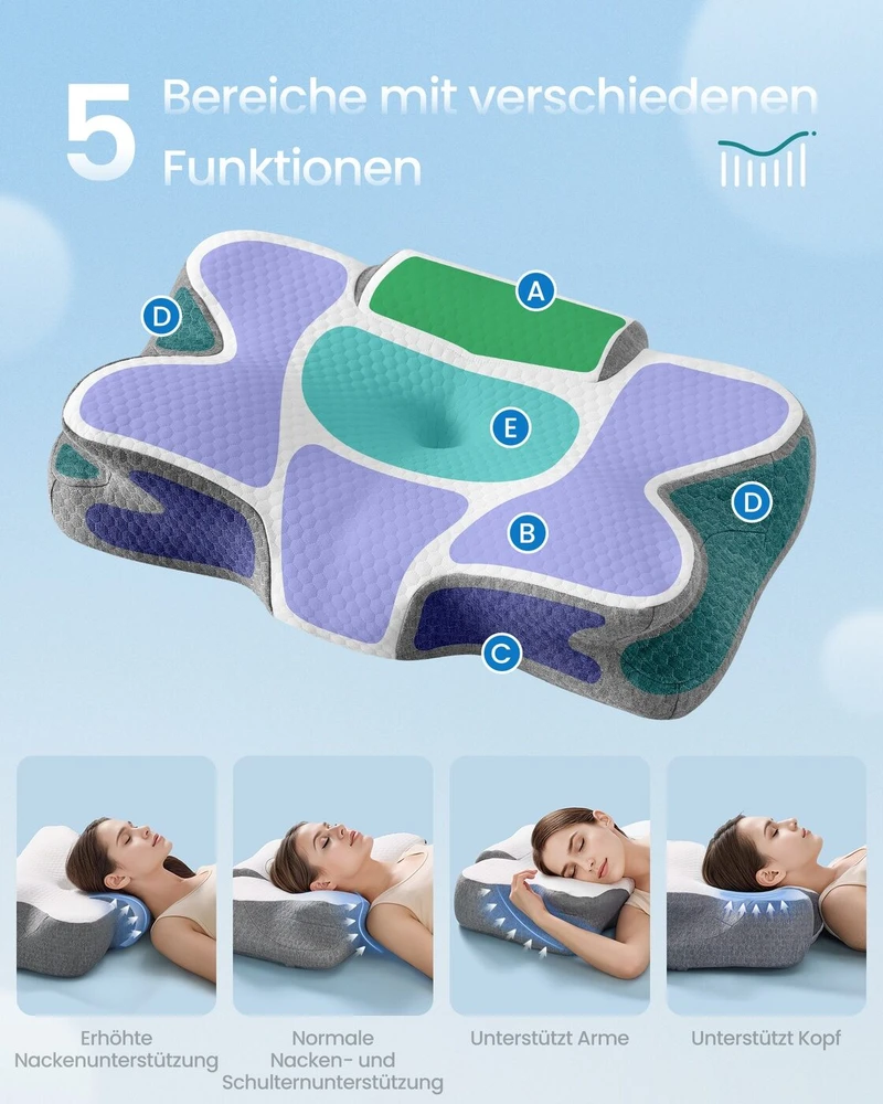 Lova SONGMICS pagalvė, ergonomiška pagalvė, kaklo pagalvė, reguliuojamo aukščio, miego pagalvė, „Memory Foam“ pagalvė, skirta miegantiems ant šono, nugaros ir pilvo, debesų balta-balandžio pilka