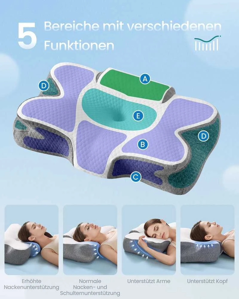 Lova SONGMICS pagalvė, ergonomiška pagalvė, kaklo pagalvė, reguliuojamo aukščio, miego pagalvė, „Memory Foam“ pagalvė, skirta miegantiems ant šono, nugaros ir pilvo, debesų balta-balandžio pilka