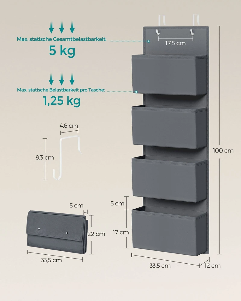 SONGMICS pakabinamas durų organizatorius su 4 kišenėmis, 33,5 x 12 x 100 cm, RDH04G