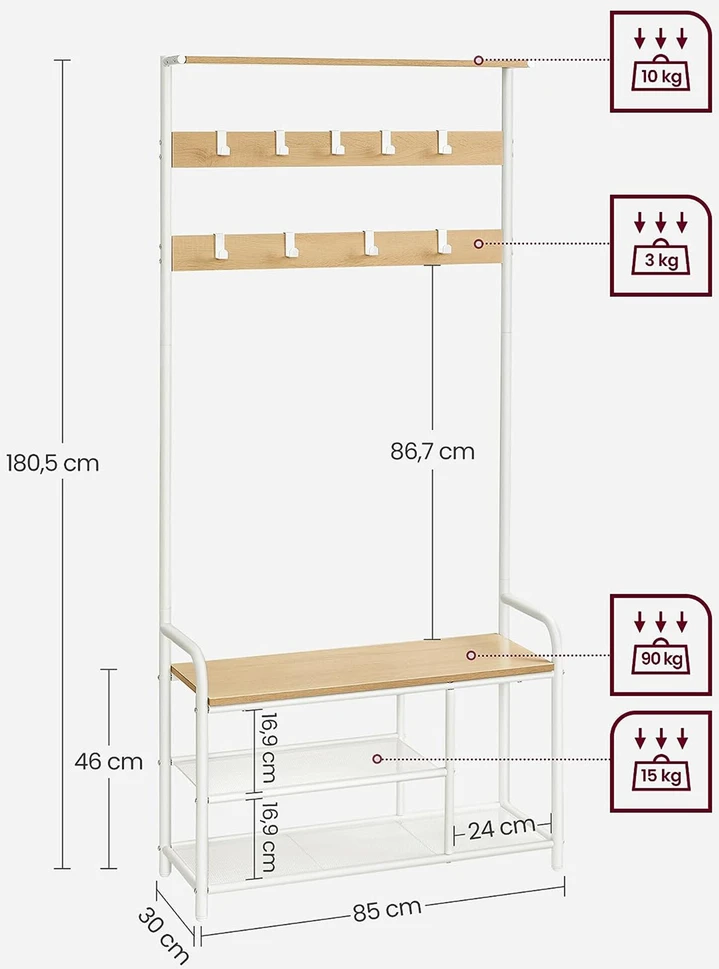 Songmics Vasagle Drabužių lentyna su 9 kabliukais 30 x 85 x 180,5 cm ąžuolo spalvos-baltos spalvos