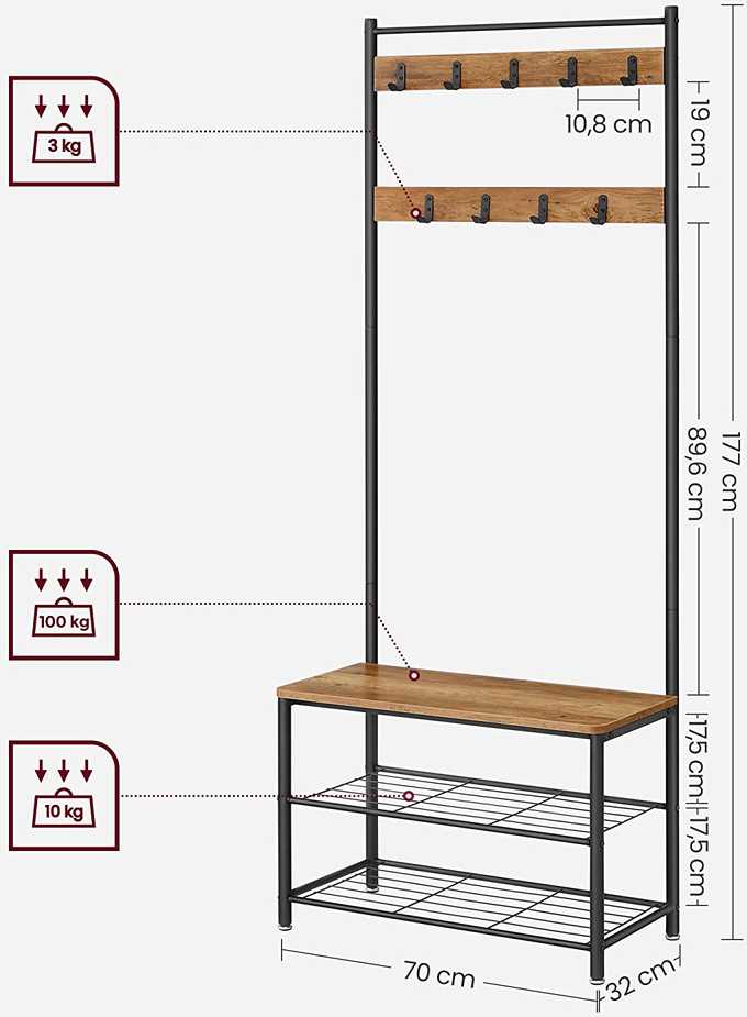 Songmics Paltų kabykla su batų suoleliu 70x32,5x175 cm Ruda-juoda metalinė