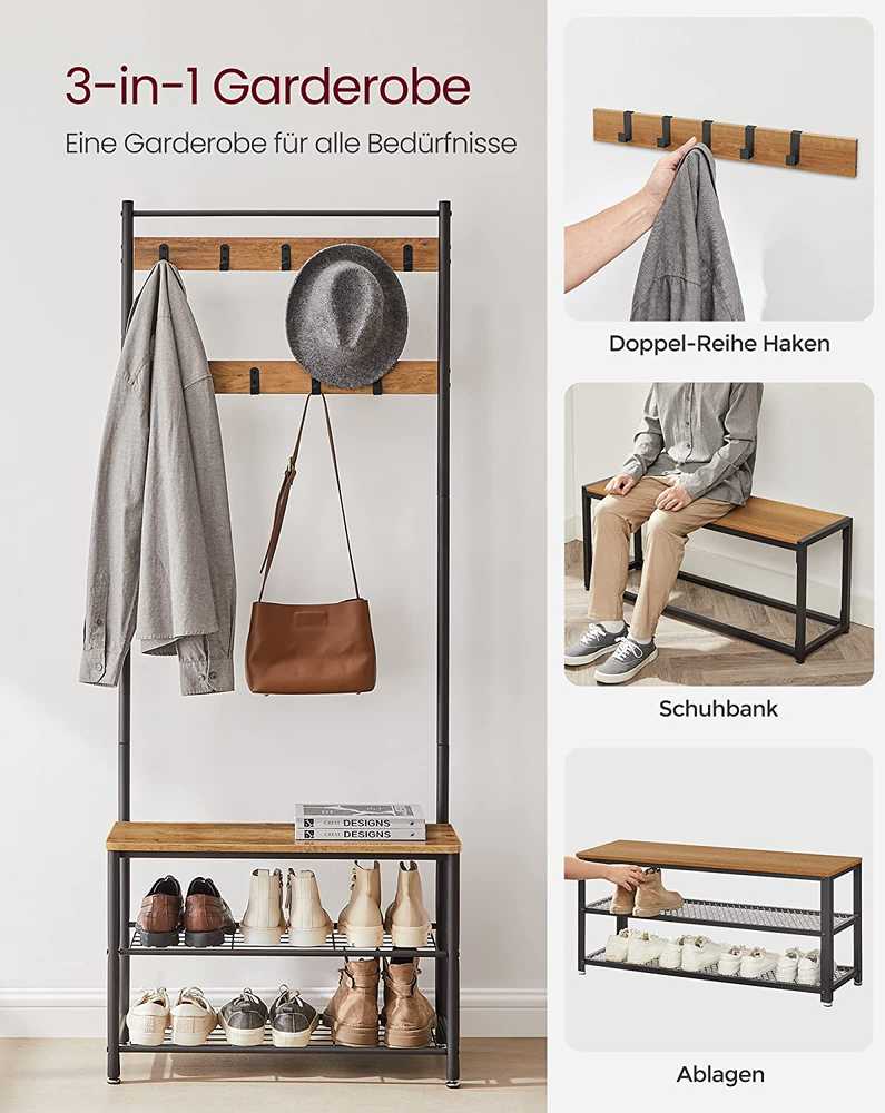 Songmics Paltų kabykla su batų suoleliu 70x32,5x175 cm Ruda-juoda metalinė