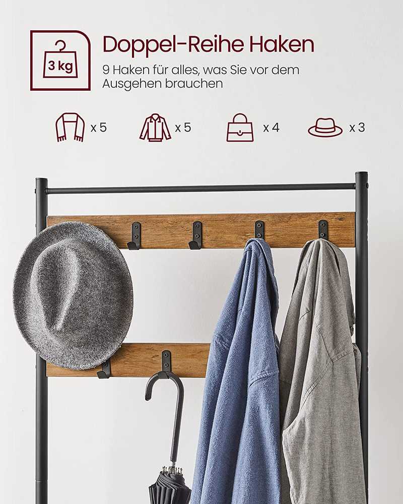Songmics Paltų kabykla su batų suoleliu 70x32,5x175 cm Ruda-juoda metalinė