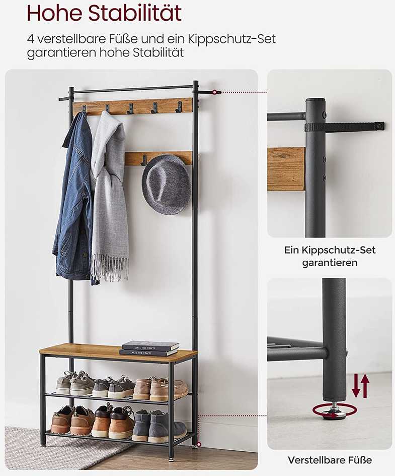 Songmics Paltų kabykla su batų suoleliu 70x32,5x175 cm Ruda-juoda metalinė