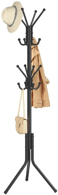 SONGMICS drabužių kabykla, metalinis drabužių stovas, laisvai stovintis drabužių, rankinių, skrybėlių laikiklis, 175 cm aukščio, 16 kabliukų, skirtas prieškambariui, svetainei, miegamajam, juodos spalvos