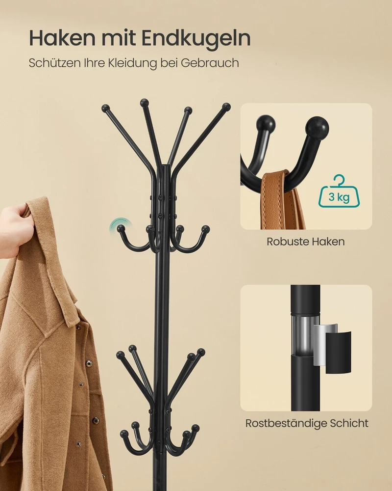 SONGMICS drabužių kabykla, metalinis drabužių stovas, laisvai stovintis drabužių, rankinių, skrybėlių laikiklis, 175 cm aukščio, 16 kabliukų, skirtas prieškambariui, svetainei, miegamajam, juodos spalvos