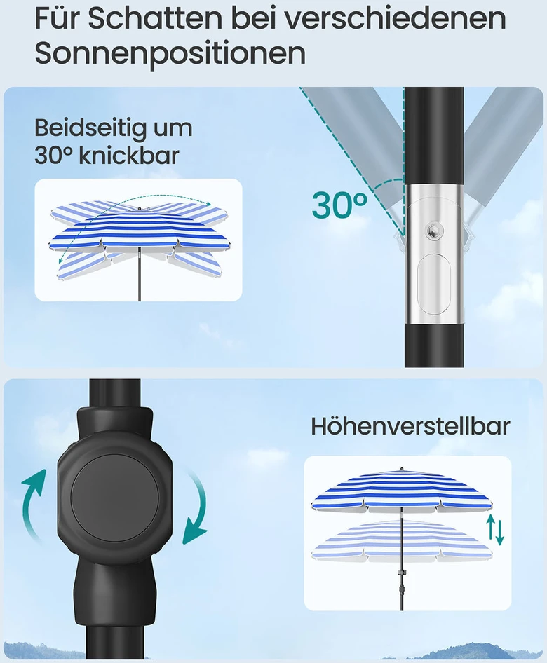 Songmics 160 cm ilgio skėtį galima sulenkti 30° kampu iš abiejų pusių, reguliuojamo aukščio, mėlynai baltas