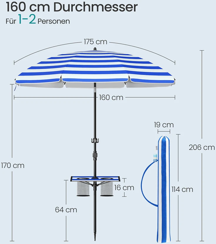 Songmics 160 cm ilgio skėtį galima sulenkti 30° kampu iš abiejų pusių, reguliuojamo aukščio, mėlynai baltas