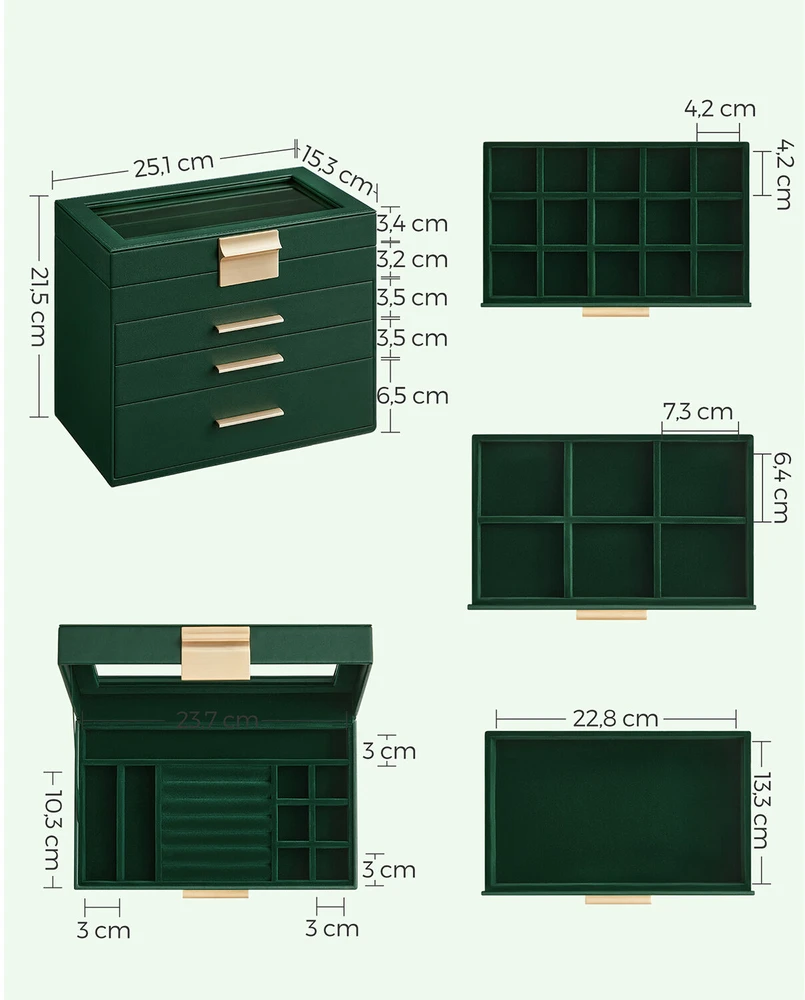 SONGMICS papuošalų dėžutė su stiklo dangčiu, 3 stalčiai, aksominis vidus, 15.3x25.1x21.5 cm