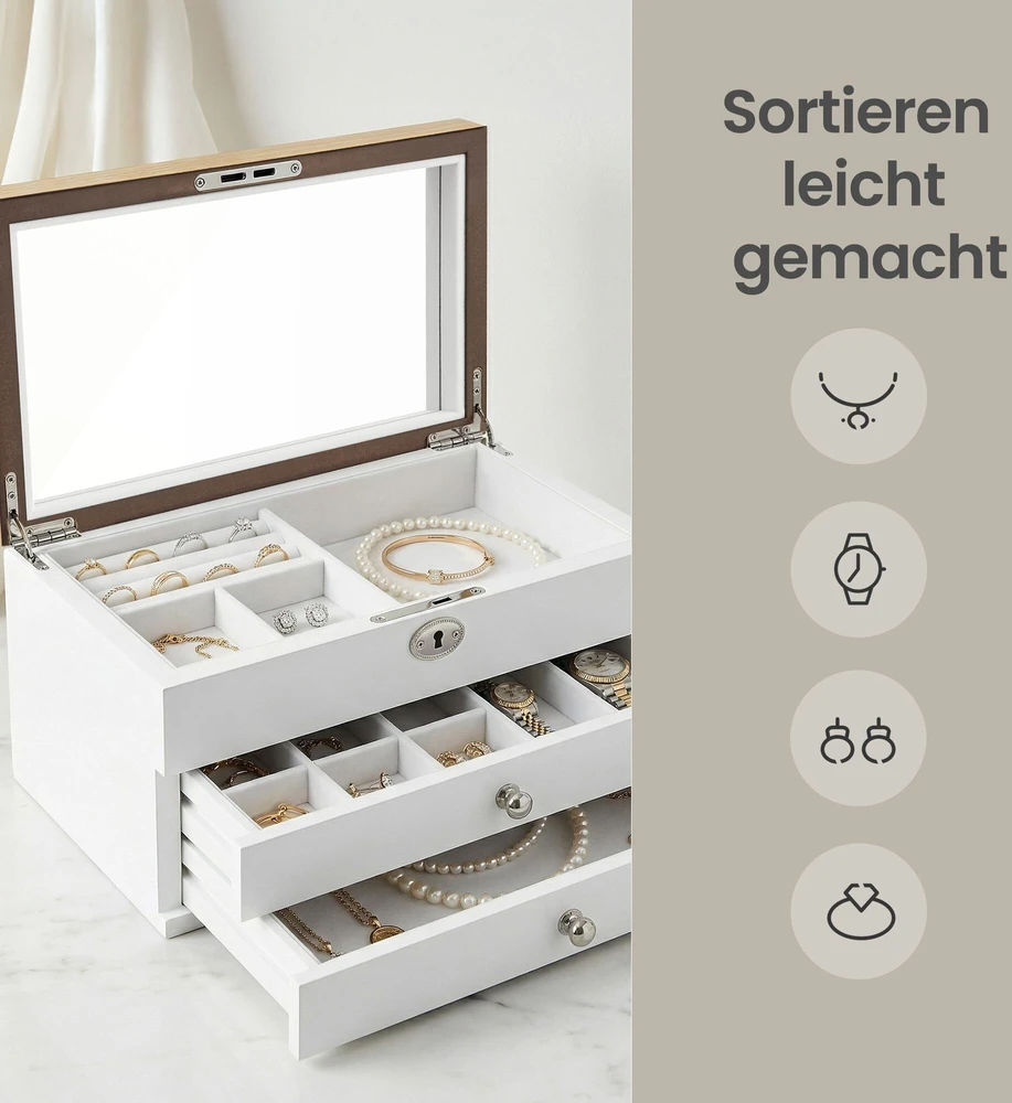 SONGMICS Elegantiška papuošalų dėžutė su veidrodžiu, balta