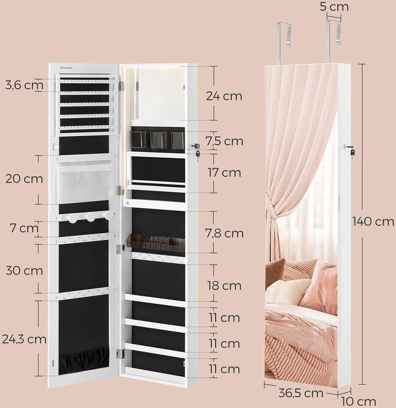 Songmics 140 cm aukščio papuošalų spintelė su vidiniu veidrodžiu debesų baltumo