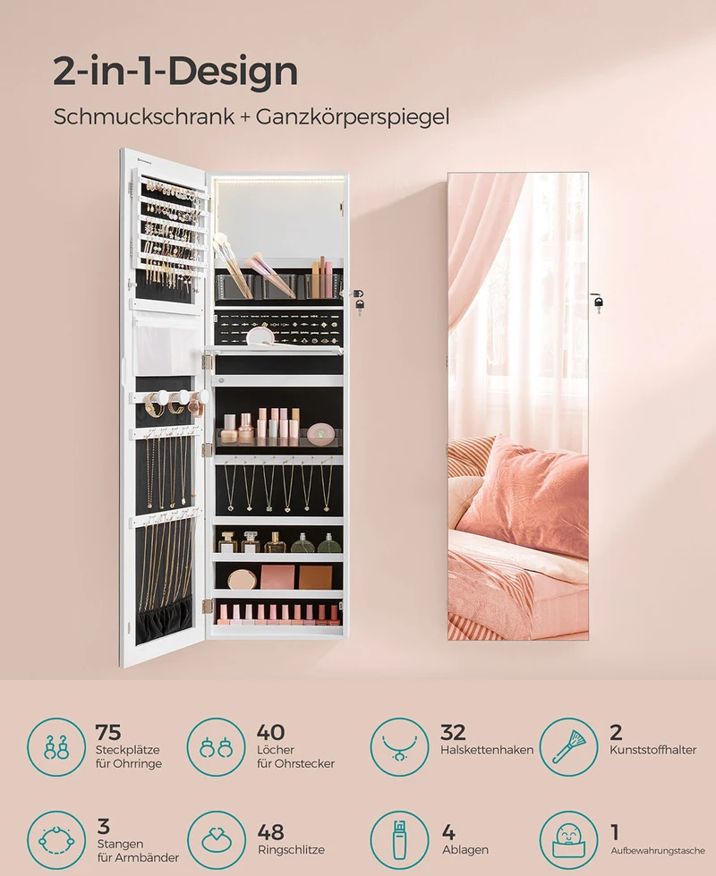 Songmics 140 cm aukščio papuošalų spintelė su vidiniu veidrodžiu debesų baltumo