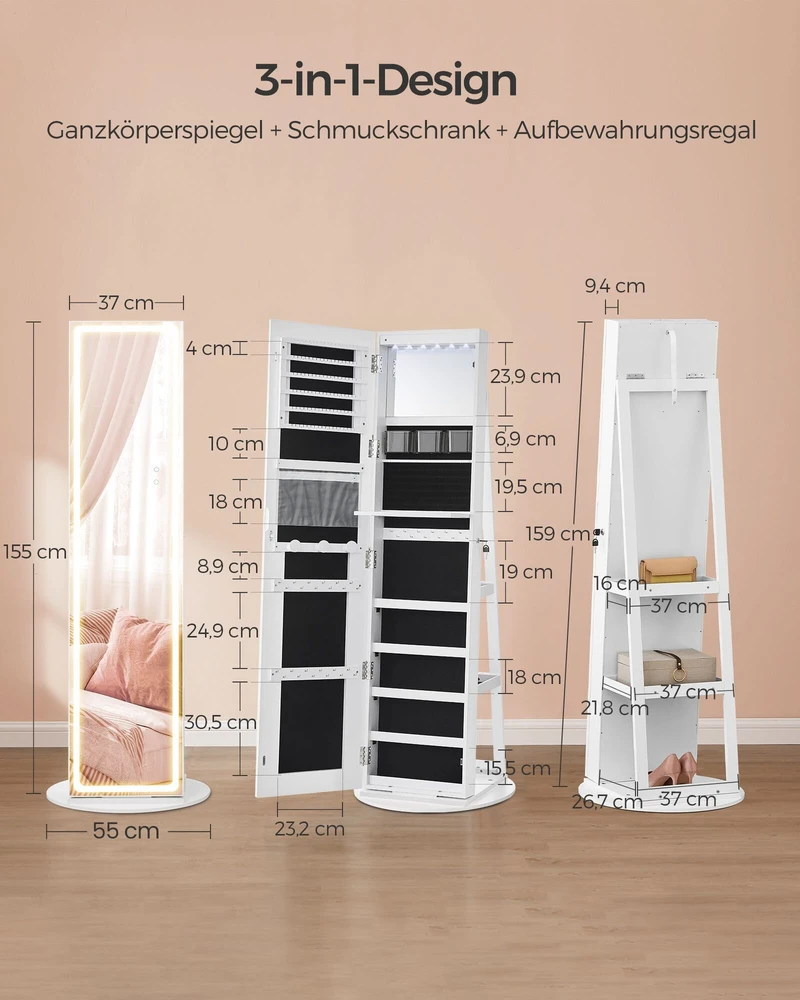 Songmics Papuošalų spintelė su LED apšvietimu ir veidrodžiu debesų baltumo