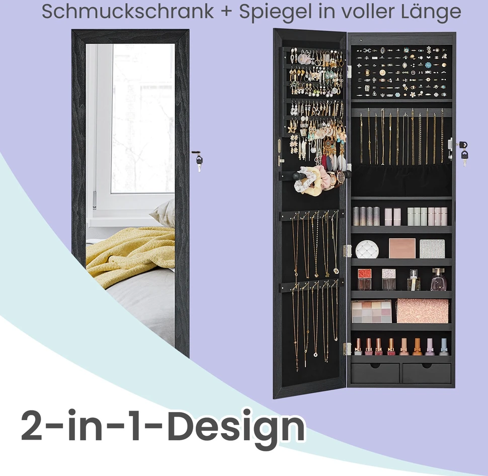 Songmics Pakabinama veidrodinė juoda MDF papuošalų spintelė