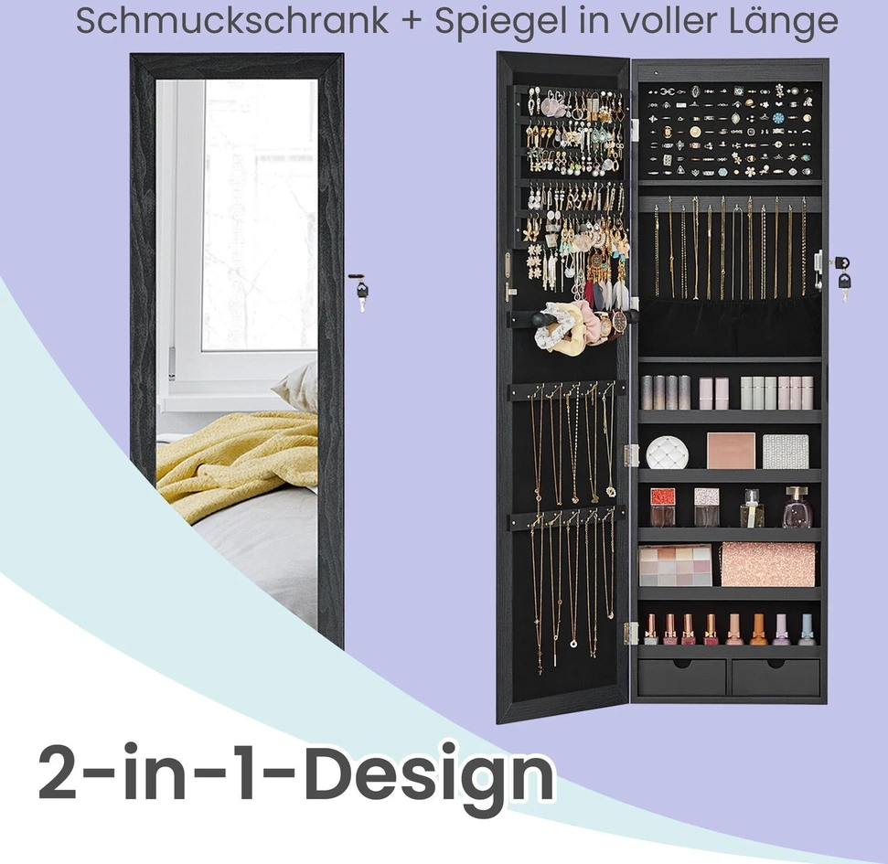 Songmics Pakabinama veidrodinė juoda MDF papuošalų spintelė