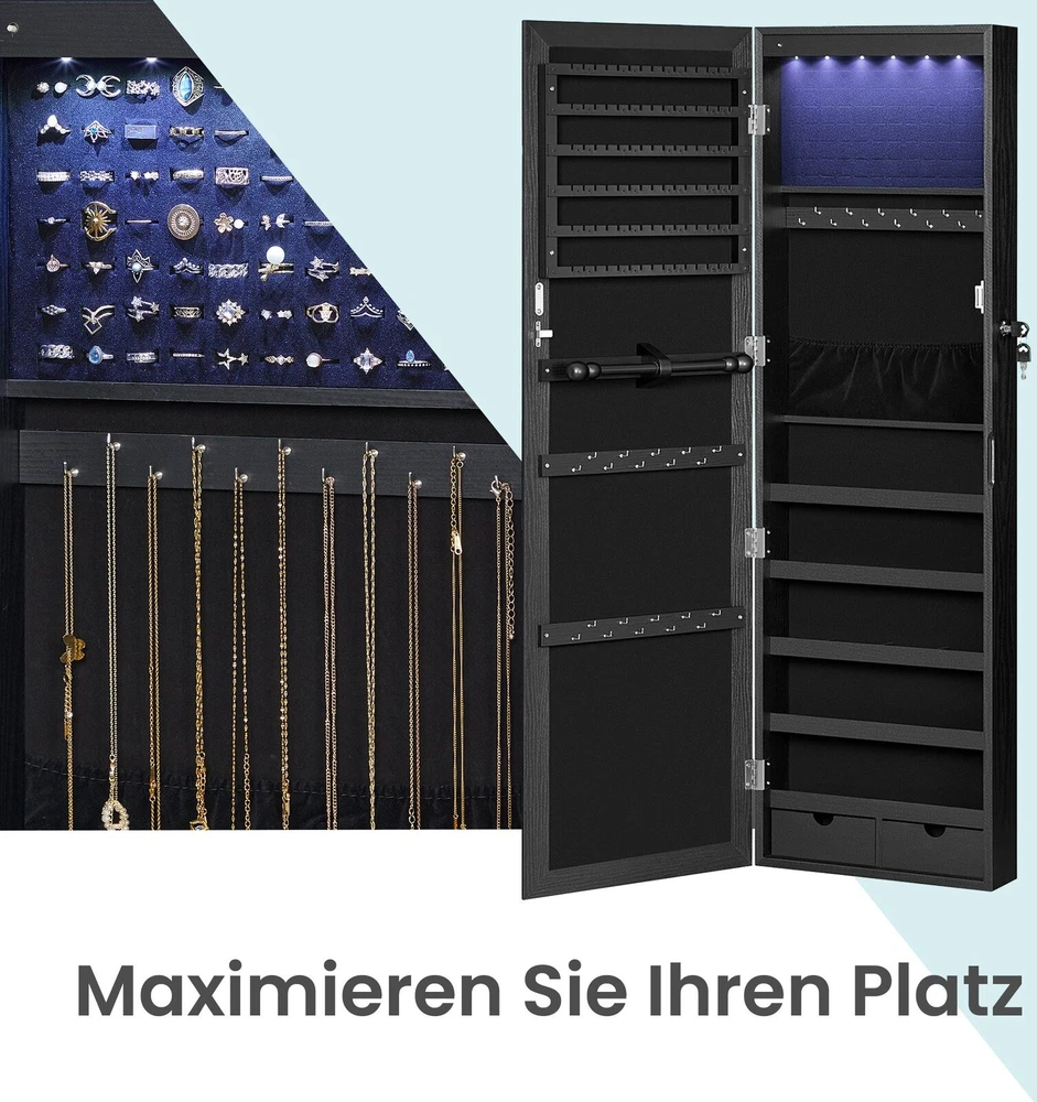 Songmics Pakabinama veidrodinė juoda MDF papuošalų spintelė