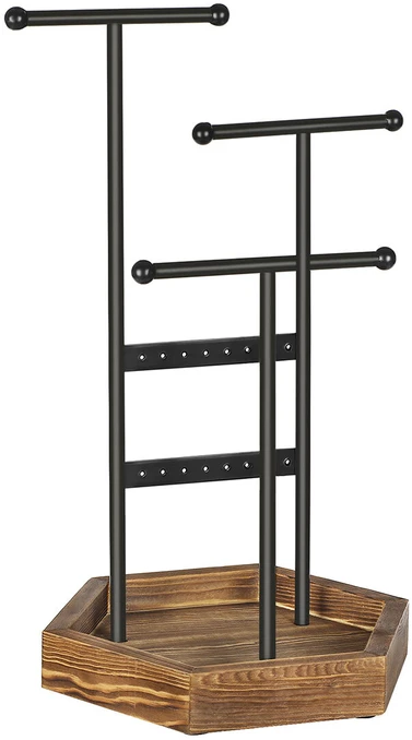 Songmics Papuošalų stovas su 2 strypais ir 3 skersiniais, juodas/rudas, 20,5 × 18 × 36 cm