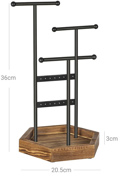 Songmics Papuošalų stovas su 2 strypais ir 3 skersiniais, juodas/rudas, 20,5 × 18 × 36 cm