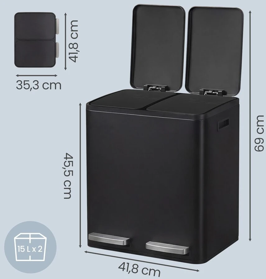 Songmics Šiukšliadėžė juoda 2 x 15 l