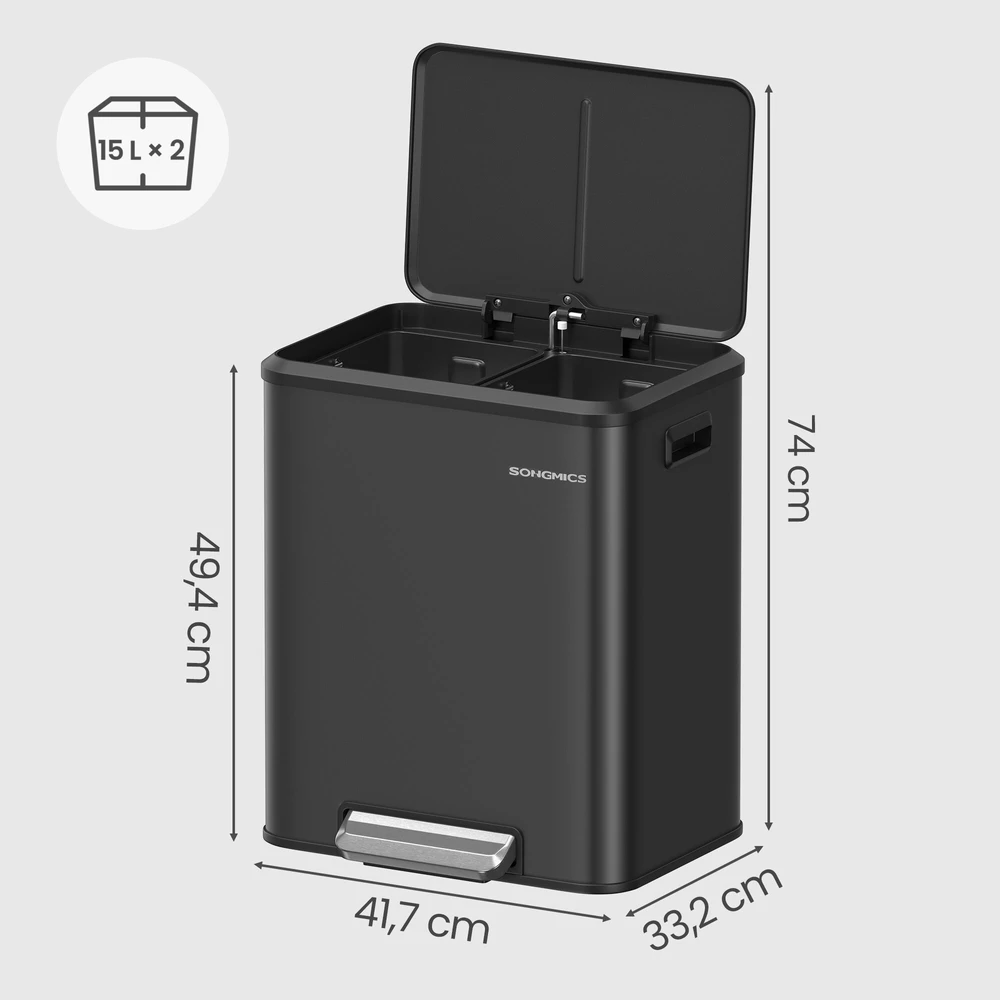 Songmics Šiukšliadėžė juoda 2 x 15 l