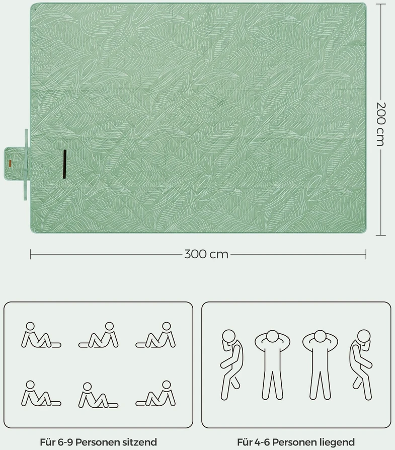 Songmics Pikniko antklodė 300 x 200 cm skalbiama mašinoje ir sulankstoma žalia