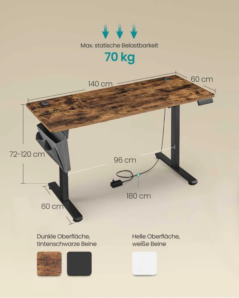 Songmics Reguliuojamo aukščio elektrinis stalas 60 x 140 x (72-120) cm