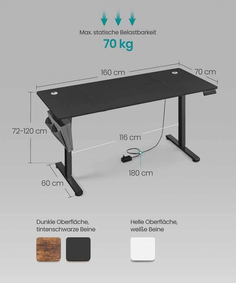 Songmics Reguliuojamo aukščio elektrinis stalas 60 x 160 x (72-120) cm