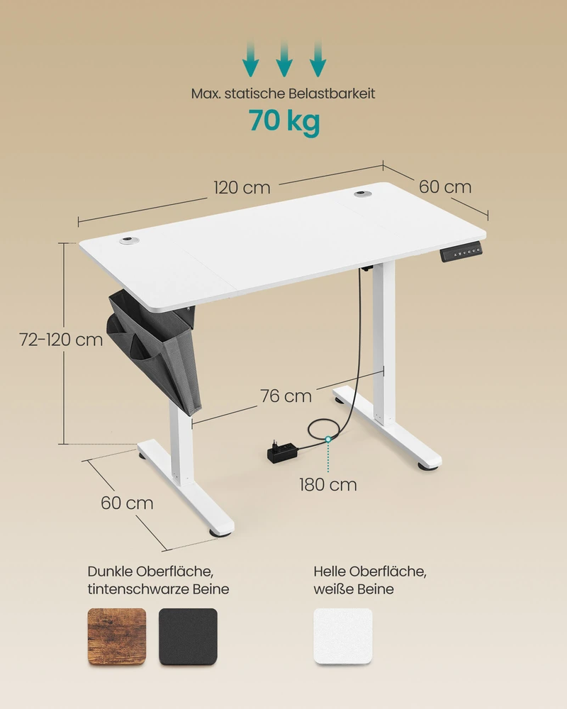 Songmics Reguliuojamo aukščio elektrinis stalas 60 x 120 x (72-120) cm