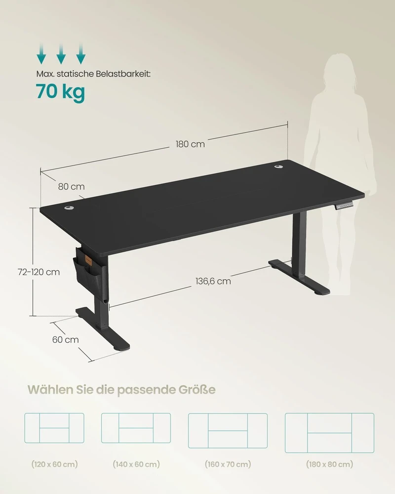 Songmics Reguliuojamo aukščio stalas 180 x 80 x 72-120cm