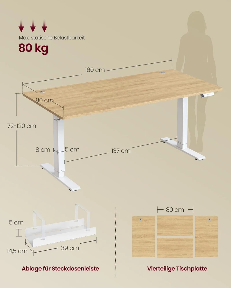 Songmics Reguliuojamo aukščio rašomasis stalas 160 × 80 x 72-120cm