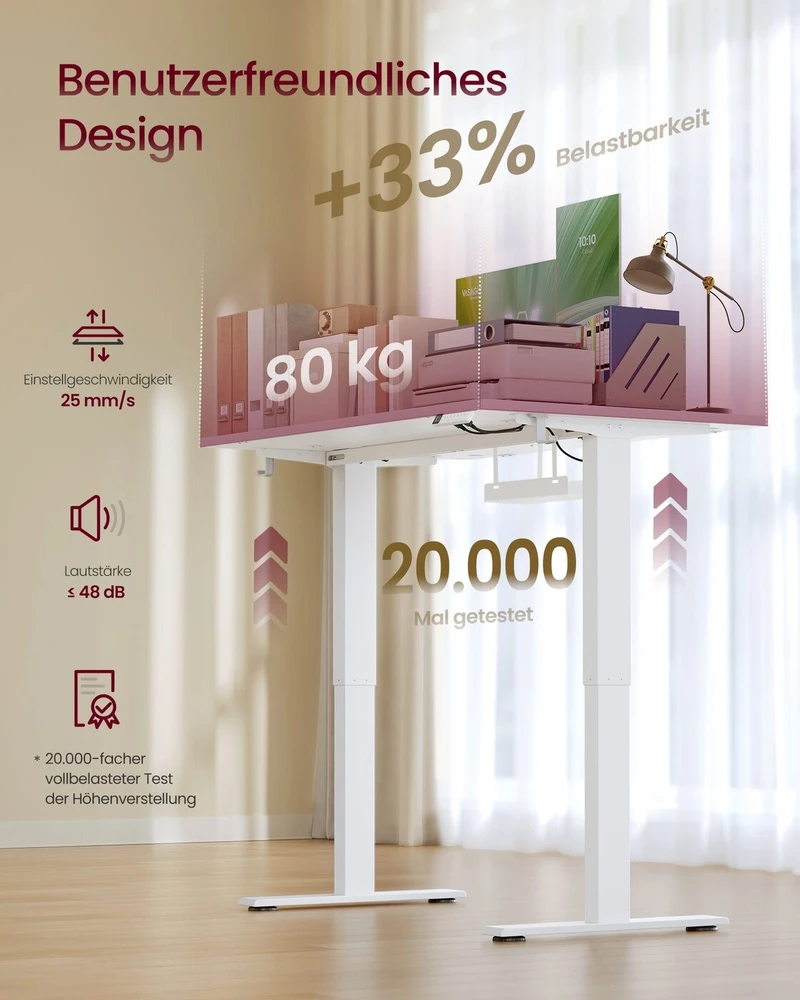 Songmics Reguliuojamo aukščio rašomasis stalas, matinė balta spalva, 120 x 80 cm, USB-C