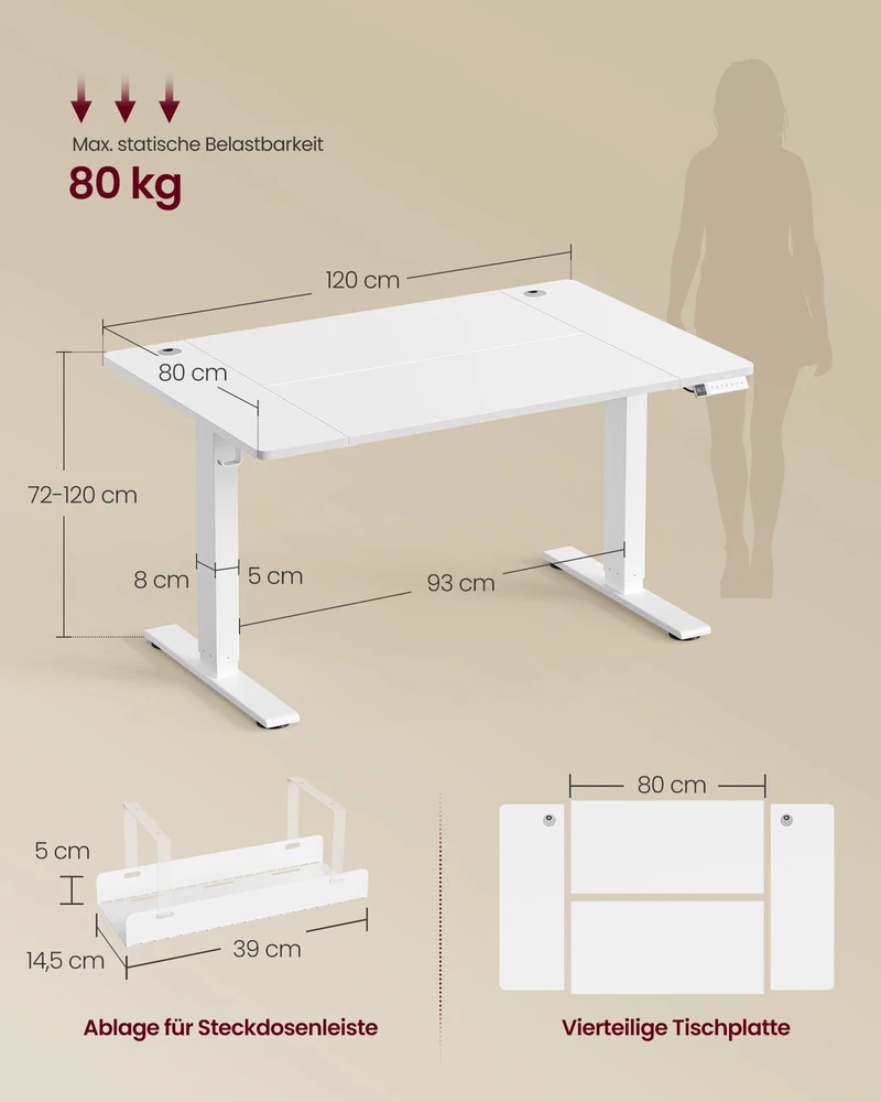 Songmics Reguliuojamo aukščio rašomasis stalas, matinė balta spalva, 120 x 80 cm, USB-C
