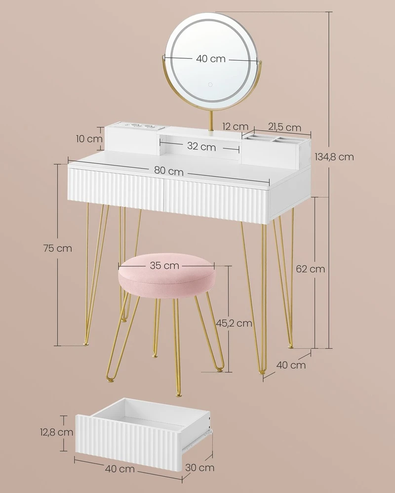 Songmics Vasagle Tualetinis staliukas su taburete ir apšvietimu 40 x 80 x 134,8 cm