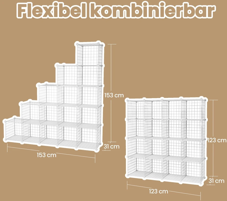 Songmics Lentynų sistema su 16 kubeliais, 123x31x123 cm