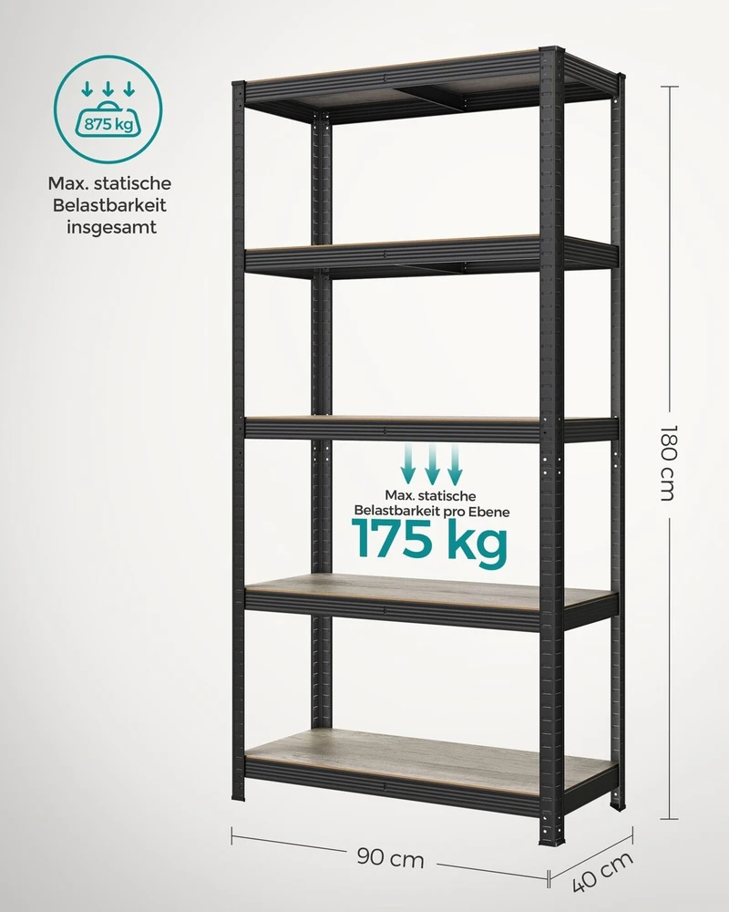 Songmics Reguliuojama stovinti lentyna su 5 lentynomis 40 x 90 x 180 cm Pilkai juoda