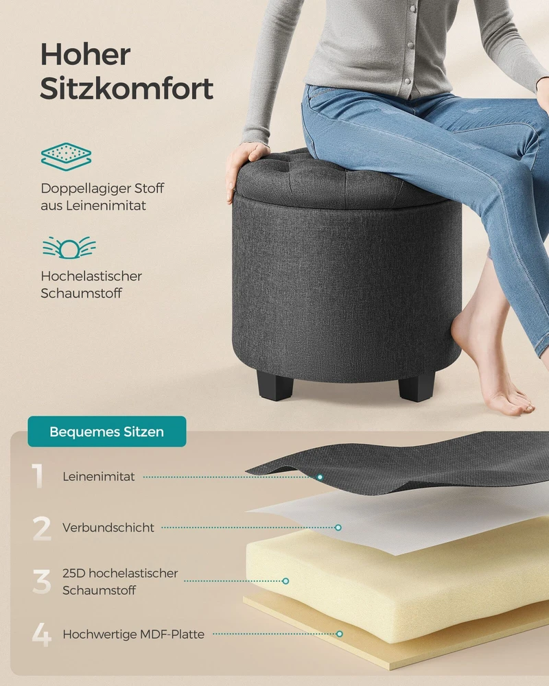 Songmics Kėdutė pufas su laikymo vieta tamsiai pilka