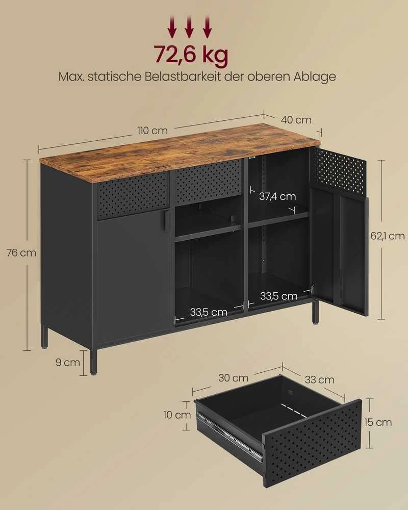 Songmics Dvigubų durelių sandėliavimo spintelė vintage ruda-matinė juoda
