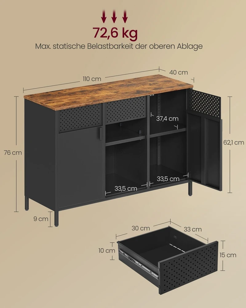 Songmics Dvigubų durelių sandėliavimo spintelė vintage ruda-matinė juoda